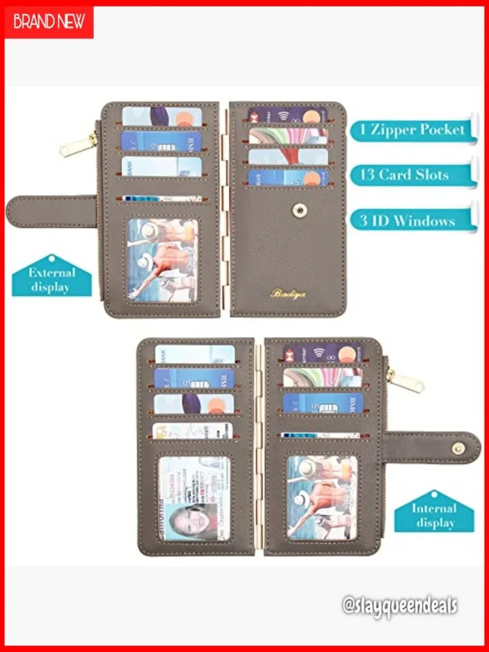 Slim RFID Bifold Card Holder with Zipper Pocket & ID Windows